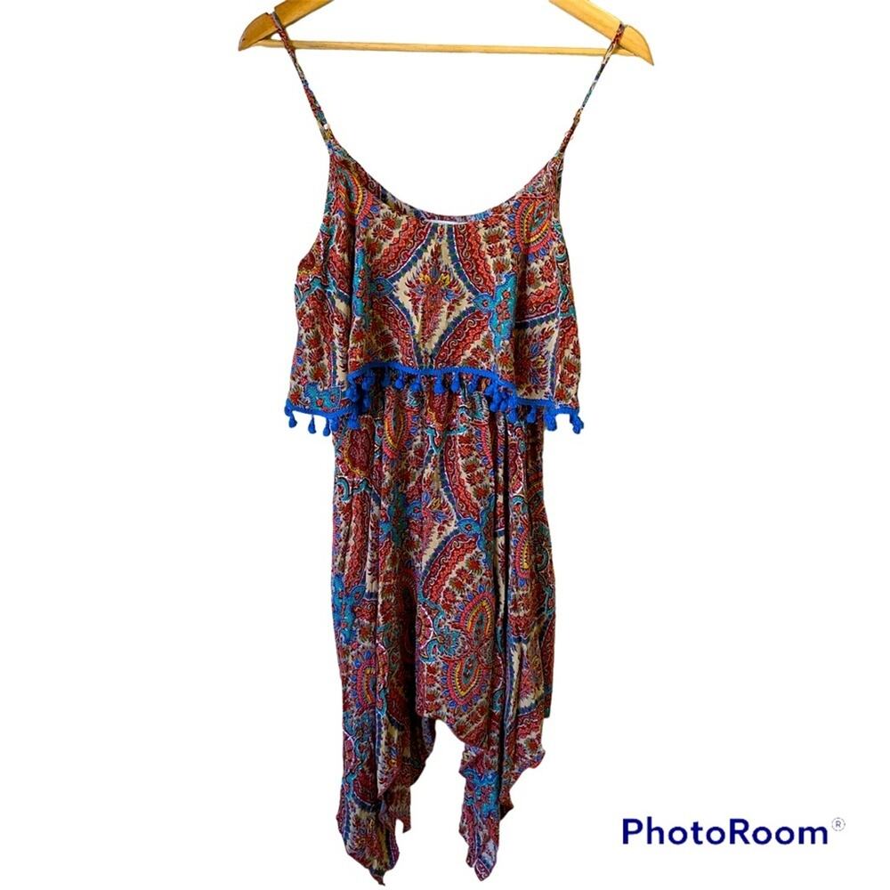 Umgee Dress Womens Tassel Scarf Bohemian Red Spaghetti Strap Hippie Festival